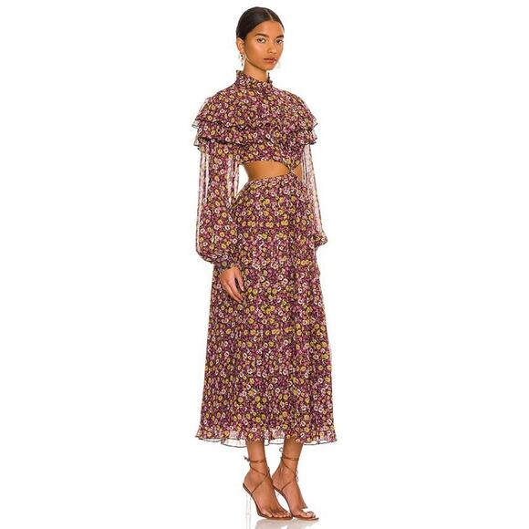 Ronny Kobo Hedy Floral Cut Out Ruffle Midi Dress in Rhubarb & Orchid Size M - Picture 3 of 7